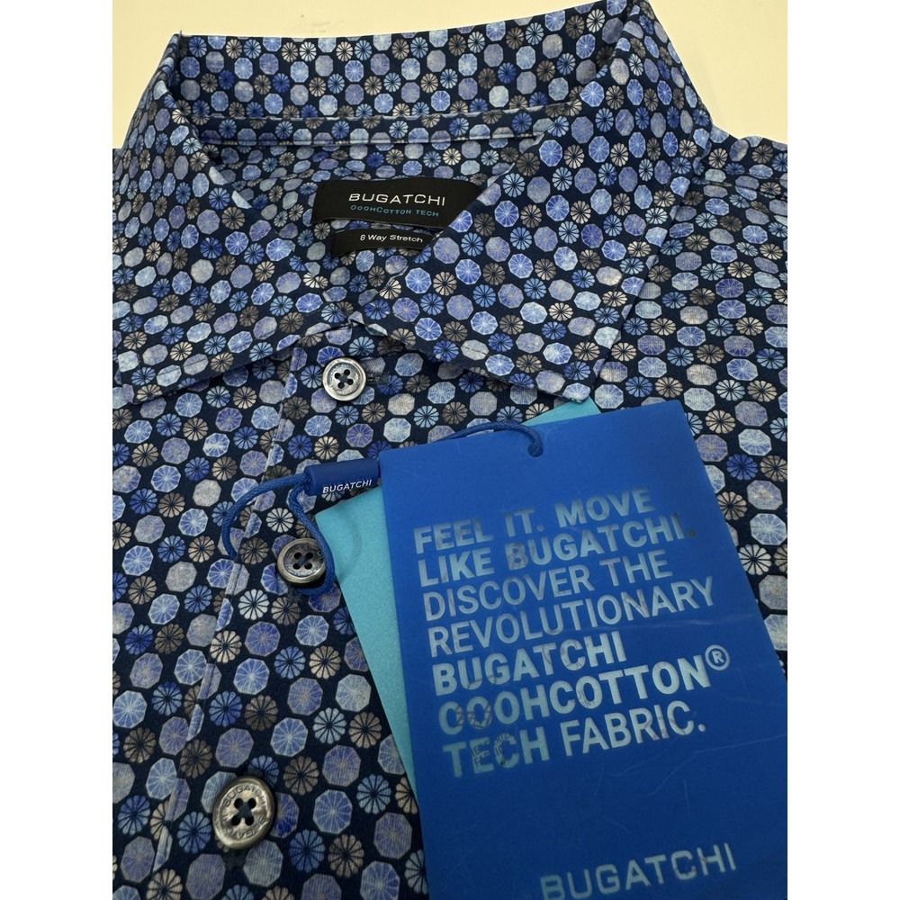 NWT Bugatchi Ooohcotton Kaleidoscope 8 Way Stretch Golf Polo Navy LARGE $179
